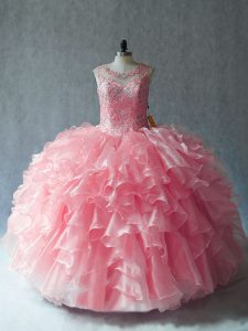 Glamorous Pink Sleeveless Organza Lace Up Quinceanera Dress for Sweet 16 and Quinceanera