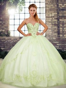Sleeveless Tulle Floor Length Lace Up Ball Gown Prom Dress in Yellow Green with Beading and Embroidery