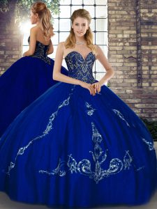 Glamorous Floor Length Royal Blue Quince Ball Gowns Tulle Sleeveless Beading and Embroidery