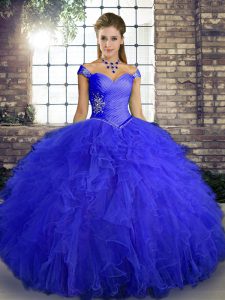 Dynamic Royal Blue Sleeveless Beading and Ruffles Floor Length Ball Gown Prom Dress