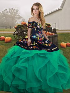 Turquoise Ball Gowns Off The Shoulder Sleeveless Tulle Floor Length Lace Up Embroidery and Ruffles Quinceanera Dresses