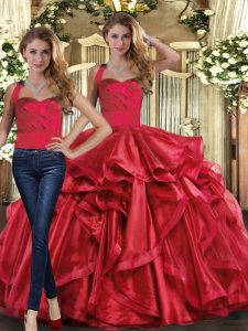 Affordable Red Ball Gowns Ruffles Vestidos de Quinceanera Lace Up Organza Sleeveless Floor Length