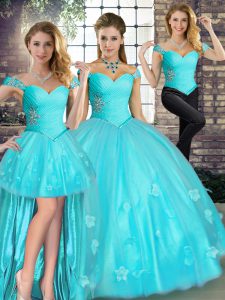 Luxurious Off The Shoulder Sleeveless Sweet 16 Dresses Floor Length Beading and Appliques Aqua Blue Tulle
