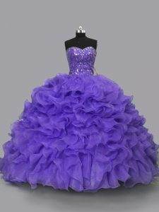 Organza Sweetheart Sleeveless Lace Up Beading and Ruffles Ball Gown Prom Dress in Purple