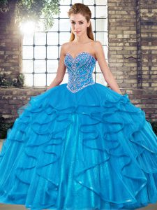 Fantastic Blue Ball Gowns Sweetheart Sleeveless Tulle Floor Length Lace Up Beading and Ruffles Quinceanera Dress