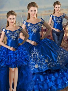 Top Selling Royal Blue Off The Shoulder Neckline Embroidery and Ruffled Layers Quince Ball Gowns Sleeveless Lace Up
