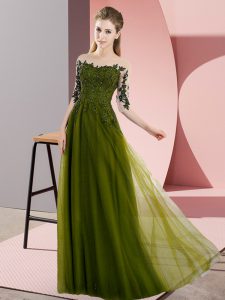 Fashion Chiffon Bateau Half Sleeves Lace Up Beading and Lace Quinceanera Court Dresses in Olive Green