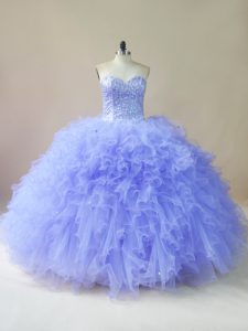 Elegant Sleeveless Floor Length Beading and Ruffles Lace Up Ball Gown Prom Dress with Lavender