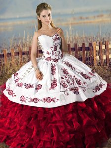 Exceptional Organza Sweetheart Sleeveless Lace Up Embroidery and Ruffles Vestidos de Quinceanera in Red