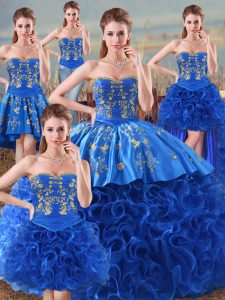 Most Popular Royal Blue Ball Gowns Embroidery Quinceanera Dresses Lace Up Fabric With Rolling Flowers Sleeveless Floor Length