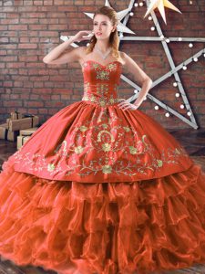 Sweetheart Sleeveless Quinceanera Gown Floor Length Embroidery and Ruffled Layers Rust Red Satin and Organza