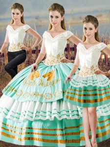 Extravagant Apple Green Three Pieces Embroidery and Ruffled Layers Sweet 16 Quinceanera Dress Lace Up Satin Sleeveless Floor Length