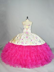 Modest Fuchsia Quinceanera Gown Sweet 16 and Quinceanera with Embroidery Sweetheart Sleeveless Lace Up