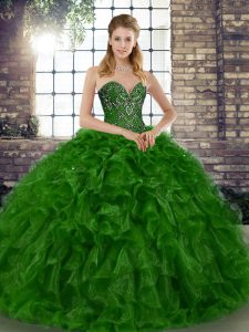 Organza Sweetheart Sleeveless Lace Up Beading and Ruffles Sweet 16 Quinceanera Dress in Green