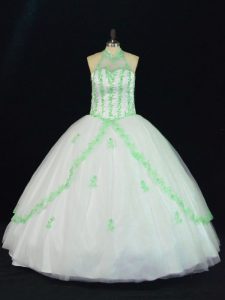 Fantastic Sleeveless Floor Length Appliques Lace Up Ball Gown Prom Dress with White