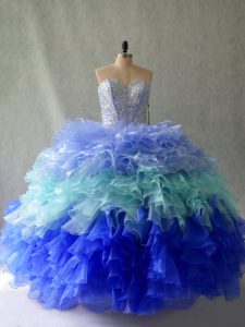 Multi-color Lace Up 15th Birthday Dress Beading and Ruffles Sleeveless Floor Length