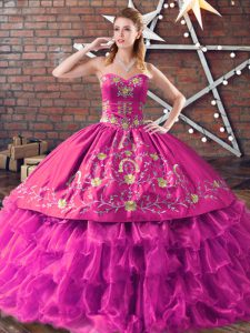 Pretty Floor Length Lace Up Vestidos de Quinceanera Fuchsia for Sweet 16 and Quinceanera with Embroidery