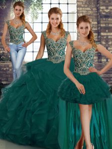 Excellent Straps Sleeveless Quinceanera Dresses Floor Length Beading and Ruffles Peacock Green Tulle