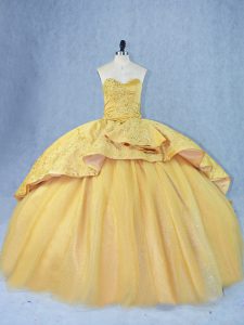 Gold Sweet 16 Quinceanera Dress Satin and Tulle Court Train Sleeveless Beading and Appliques