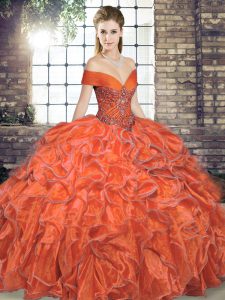 Sleeveless Floor Length Beading and Ruffles Lace Up 15th Birthday Dress with Orange Red