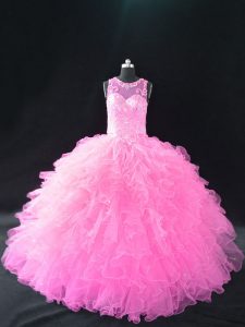 Simple Scoop Sleeveless Ball Gown Prom Dress Beading and Ruffles Baby Pink Organza
