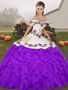 Best Organza Off The Shoulder Sleeveless Lace Up Embroidery and Ruffles Quinceanera Dresses in Purple