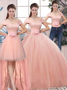 Pink Short Sleeves Tulle Lace Up Quince Ball Gowns for Military Ball and Sweet 16 and Quinceanera