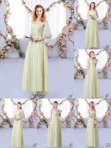 Cute Yellow Green Tulle Side Zipper Off The Shoulder Half Sleeves Floor Length Dama Dress Lace and Belt