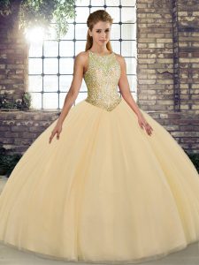 Sleeveless Floor Length Embroidery Lace Up Quince Ball Gowns with Gold