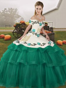 Turquoise Sleeveless Brush Train Embroidery and Ruffled Layers Sweet 16 Dresses