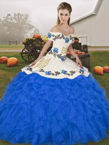New Arrival Royal Blue Sleeveless Floor Length Embroidery and Ruffles Lace Up Vestidos de Quinceanera