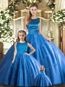 Tulle Scoop Sleeveless Lace Up Appliques Quinceanera Gowns in Blue