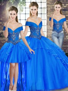 Unique Sleeveless Tulle Floor Length Lace Up Quince Ball Gowns in Royal Blue with Beading and Ruffles
