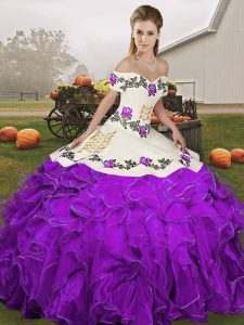 Edgy White And Purple Sleeveless Floor Length Embroidery and Ruffles Lace Up Quinceanera Gowns