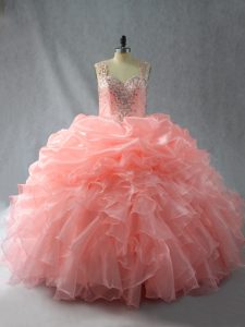 Sleeveless Organza Floor Length Zipper Sweet 16 Dress in Peach with Beading and Ruffles and Pick Ups