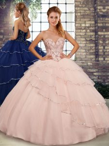 Exceptional Peach Ball Gowns Beading and Ruffled Layers 15th Birthday Dress Lace Up Tulle Sleeveless