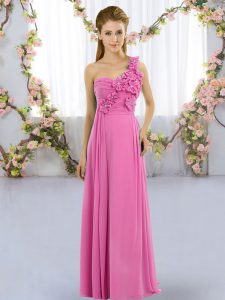 Fabulous Rose Pink Empire Chiffon One Shoulder Sleeveless Hand Made Flower Floor Length Lace Up Quinceanera Court Dresses