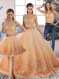 Peach Tulle Backless Quince Ball Gowns Sleeveless Sweep Train Lace