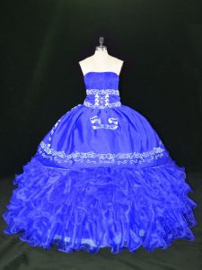 Blue Ball Gowns Embroidery and Ruffles Quince Ball Gowns Lace Up Organza Sleeveless Floor Length