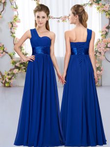 Cute Floor Length Royal Blue Dama Dress for Quinceanera One Shoulder Sleeveless Lace Up