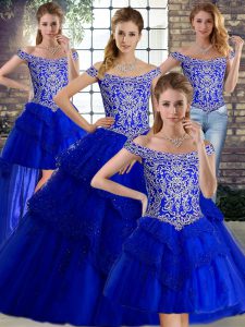Deluxe Brush Train Ball Gowns Sweet 16 Dresses Royal Blue Off The Shoulder Tulle Sleeveless Lace Up