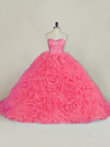 Stylish Red Lace Up Halter Top Beading and Ruffles Sweet 16 Dresses Fabric With Rolling Flowers Sleeveless Court Train
