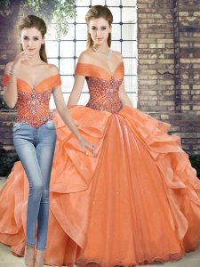 Floor Length Orange 15th Birthday Dress Organza Sleeveless Beading and Ruffles