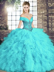 Simple Aqua Blue Ball Gowns Tulle Off The Shoulder Sleeveless Beading and Ruffles Floor Length Lace Up Sweet 16 Dress