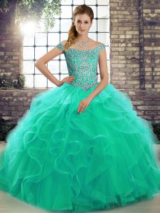 High Quality Turquoise Off The Shoulder Lace Up Beading and Ruffles Quinceanera Gowns Brush Train Sleeveless