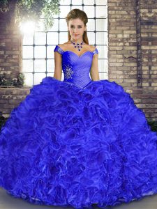 Latest Ball Gowns Quinceanera Gown Royal Blue Off The Shoulder Organza Sleeveless Floor Length Lace Up