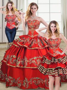 Noble Red Ball Gowns Satin and Organza Sweetheart Sleeveless Embroidery and Ruffled Layers Floor Length Lace Up 15 Quinceanera Dress