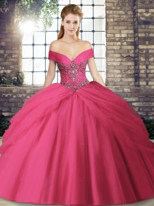 Sleeveless Tulle Brush Train Lace Up Quinceanera Dresses in Hot Pink with Beading and Pick Ups