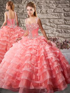 Amazing Watermelon Red Organza Lace Up Straps Sleeveless Ball Gown Prom Dress Court Train Beading and Ruffled Layers