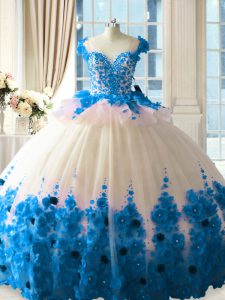 Graceful Blue And White Quinceanera Gowns Tulle Brush Train Sleeveless Hand Made Flower
